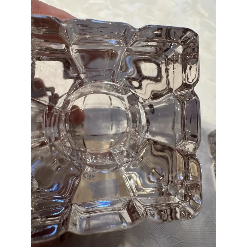 Vintage Biedermann Pair Clear Glass Cube Taper Candle Holders Ice Block Decor